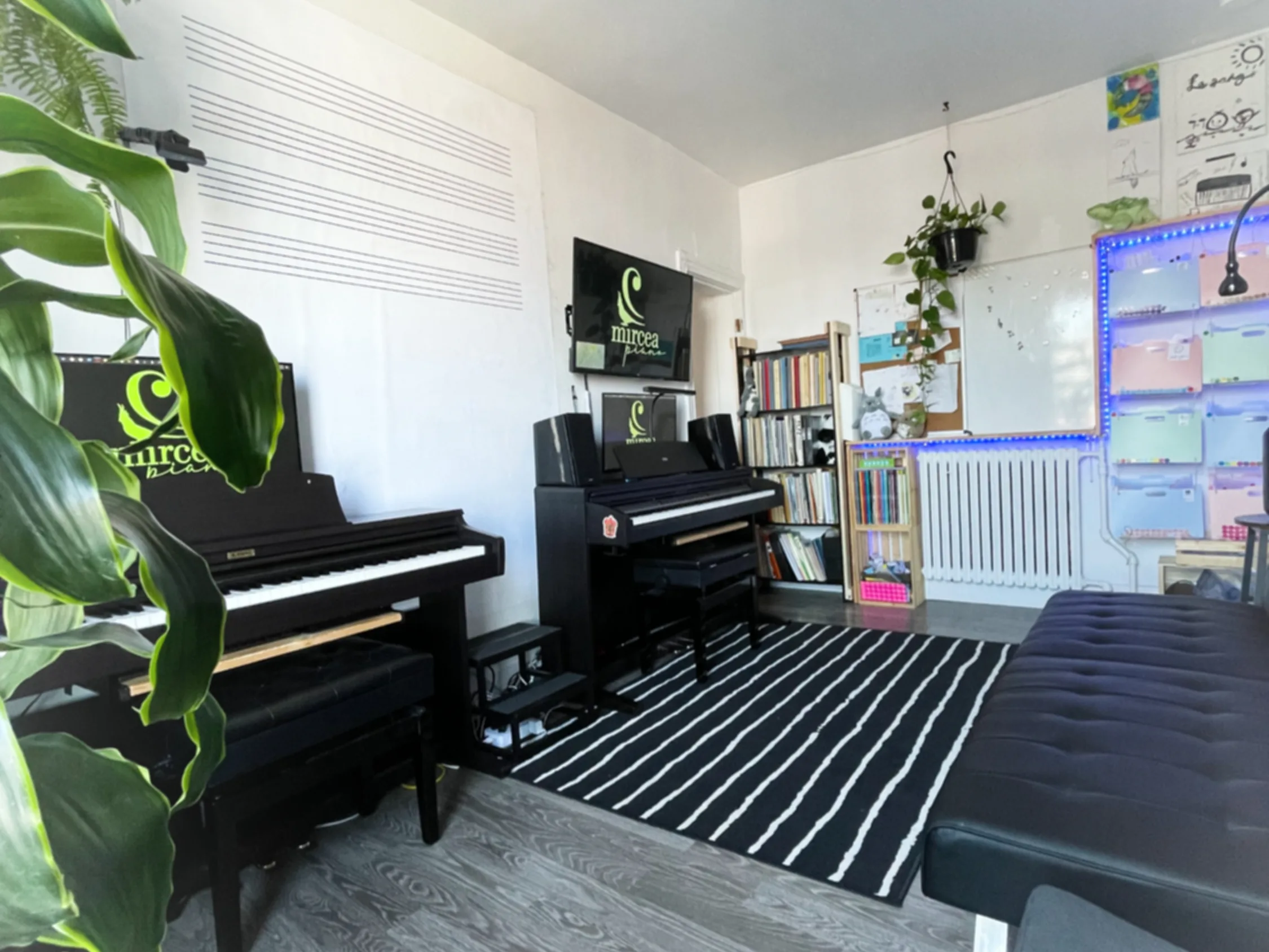 Détail de l'aménagement du studio, avec ses meubles et sa lumière naturelle.