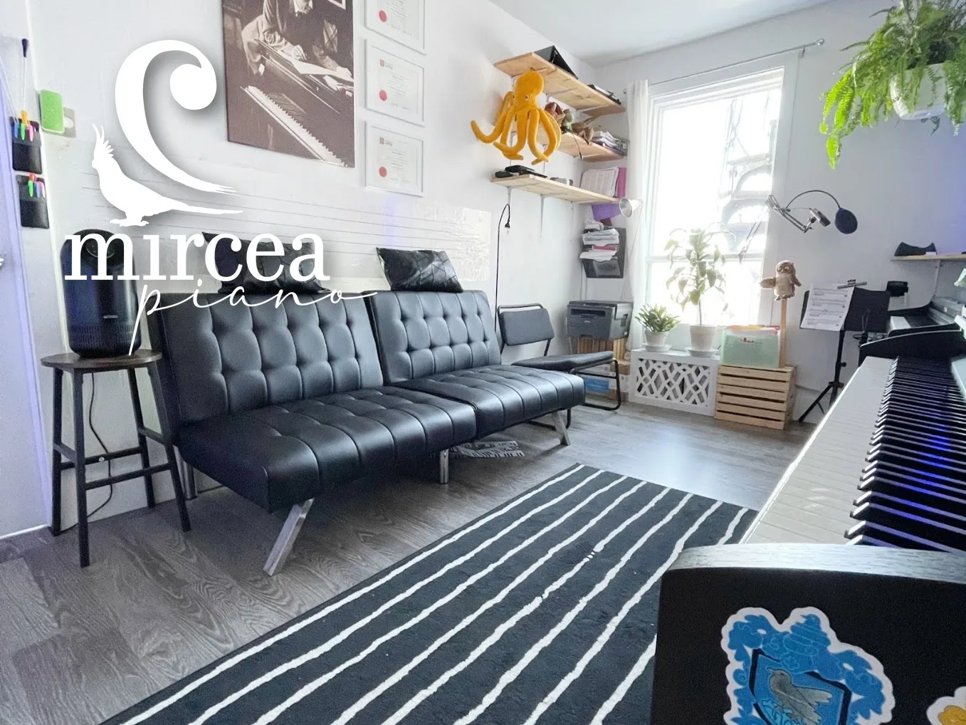 Le coin salon du studio, avec le divan, les plantes et le piano en arrière-plan.